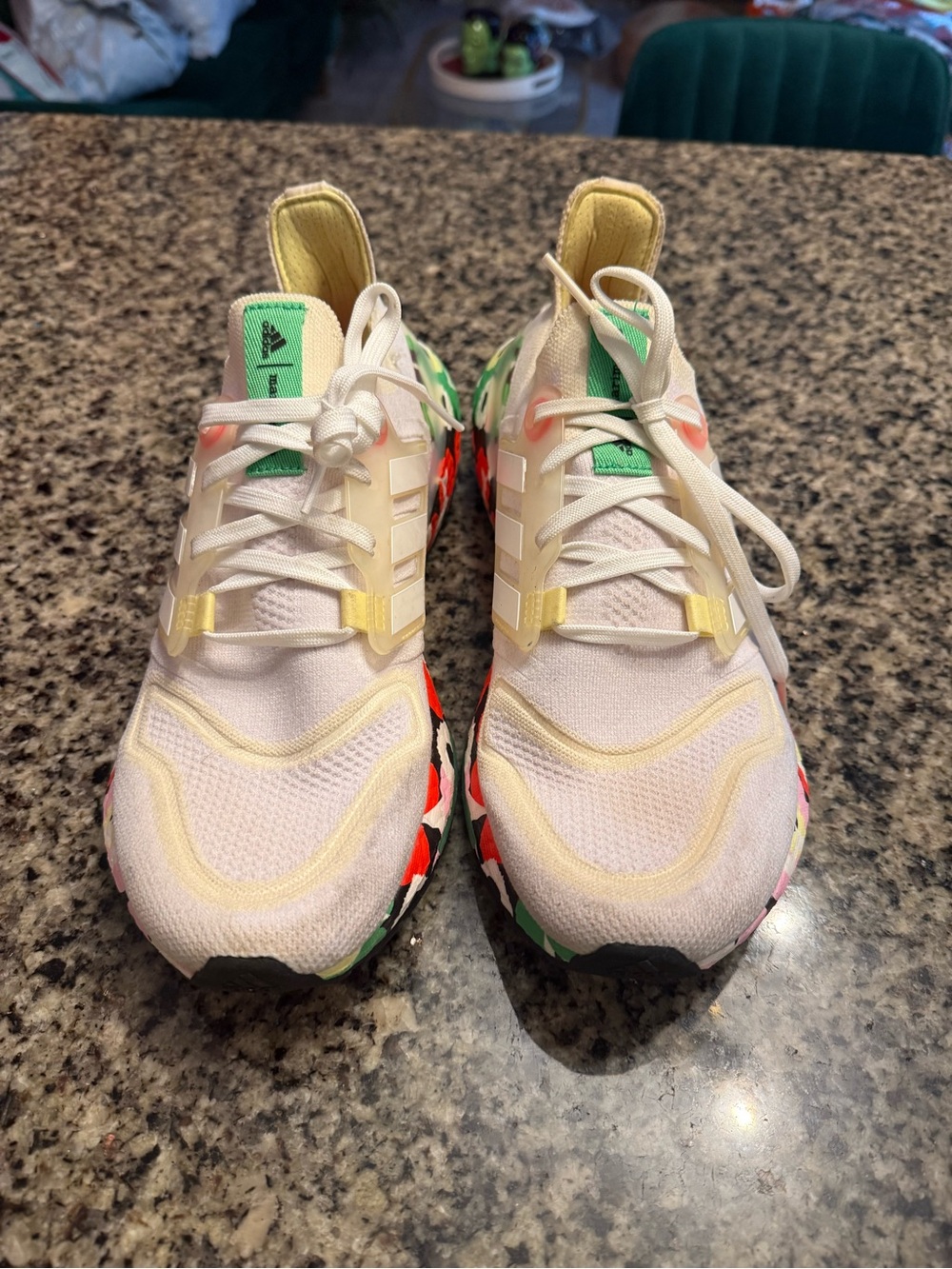 adidas Women’s White Athletic Sneakers with Green and Yellow Accents